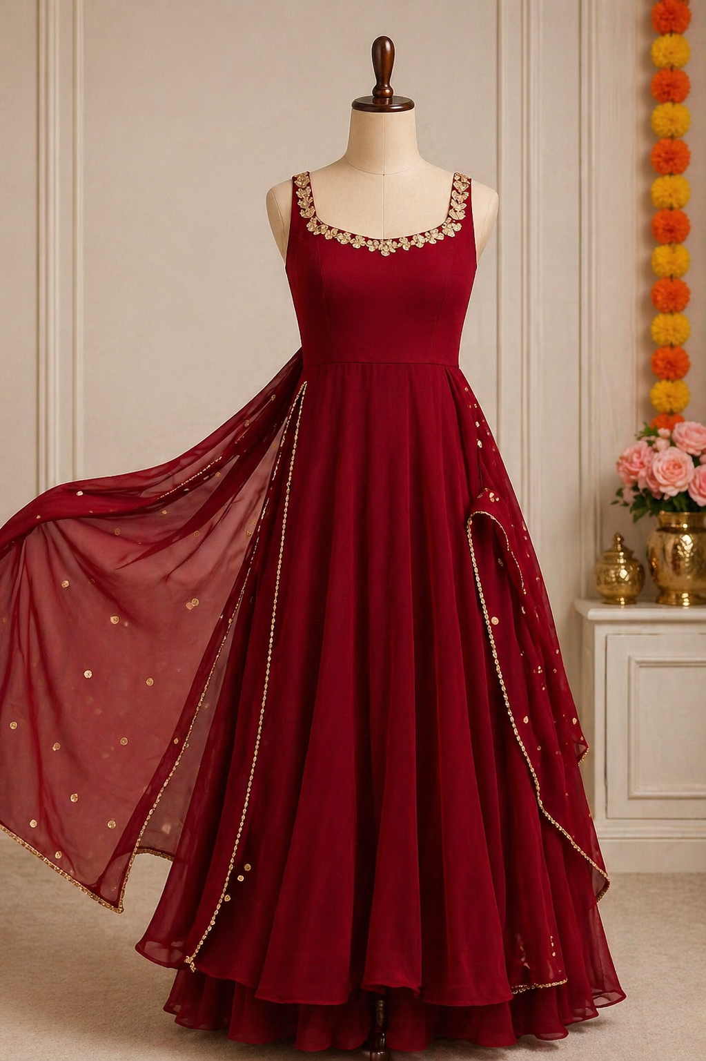 Red Hand Work Anarkali Suit