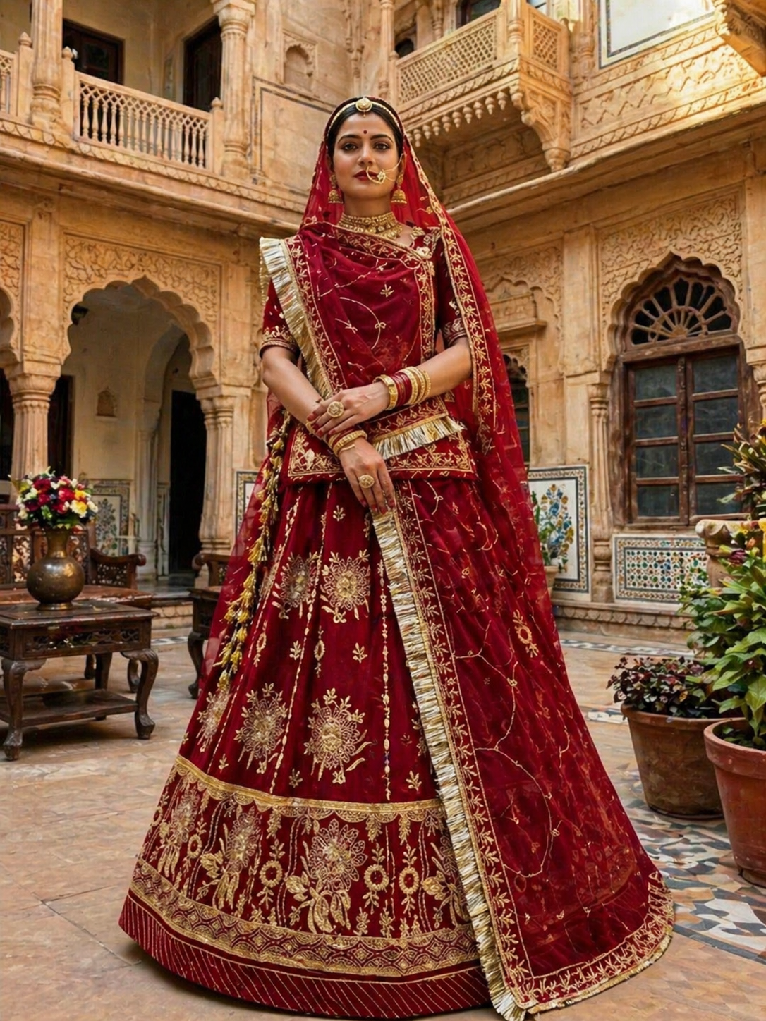 Embroidered Semi-Stitched Rajputi Poshak (Maroon)