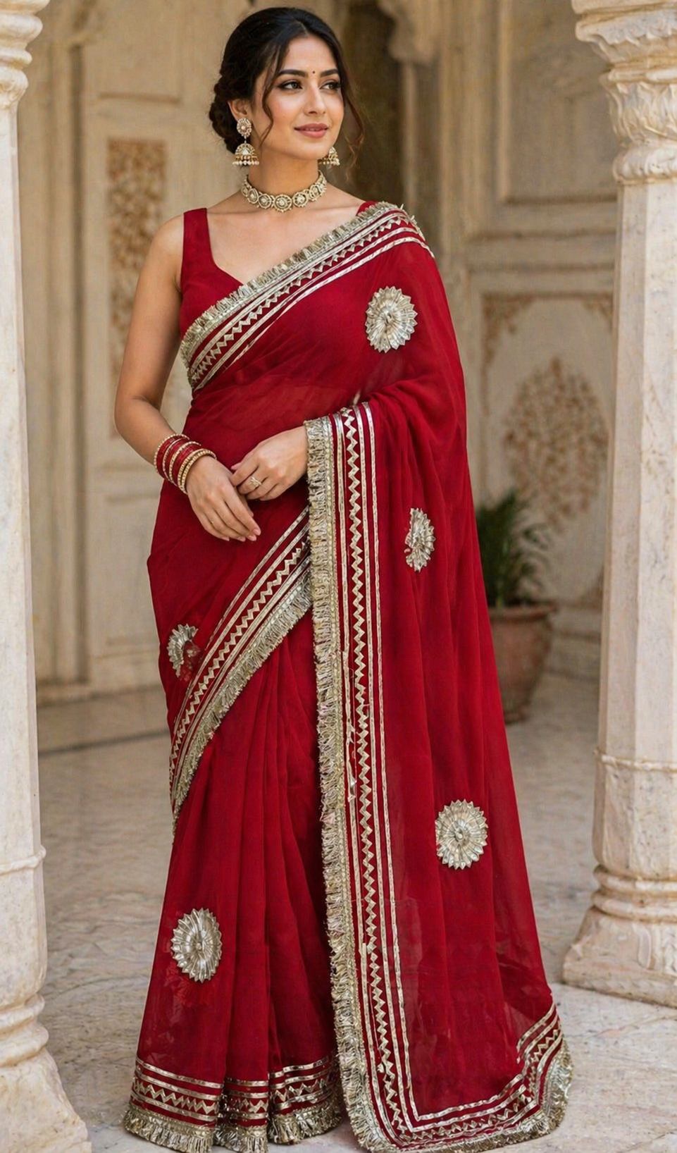 Floral Print Embroidered Georgette Saree (Red)