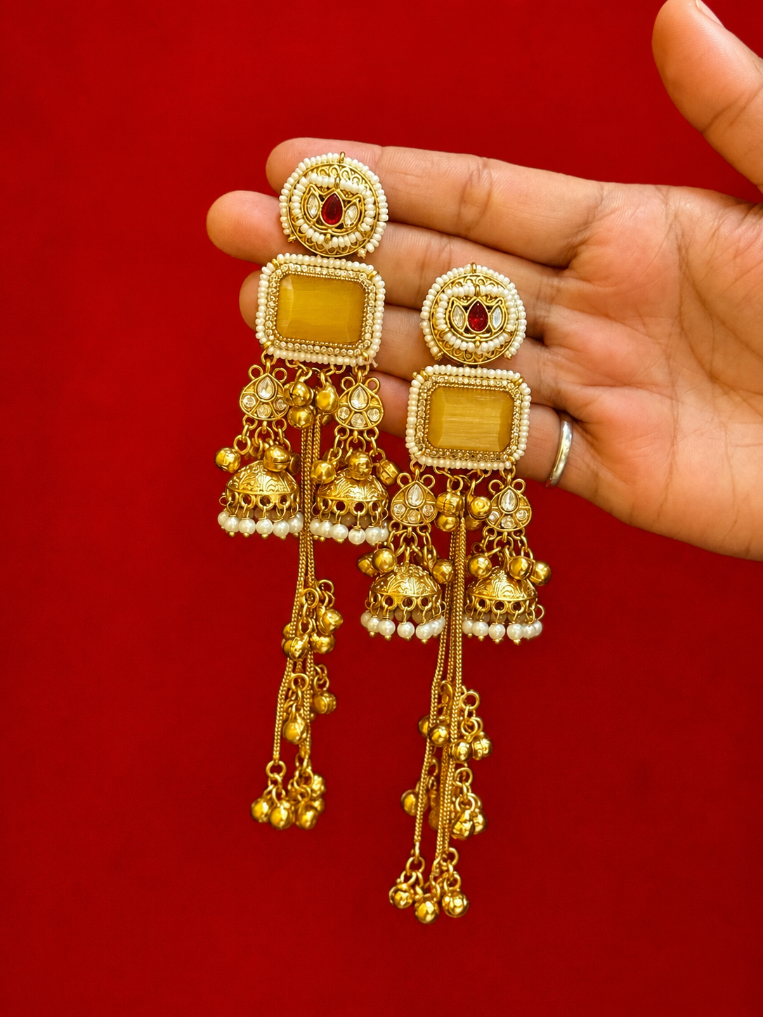 Yellow brass kashmiri earrings